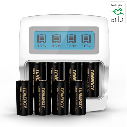 Tenergy charger with LCD display and four RCR123A batteries for Arlo camera users.