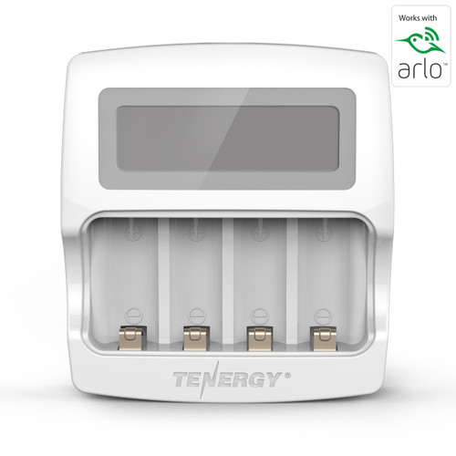 Tenergy RCR123A battery charger with four slots and Arlo logo for owners of wire-free security cameras.