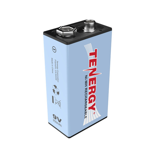 Tenergy 9V rechargeable NiMH battery featuring 250mAh capacity for high-drain electronic devices and household hobbyist gear.