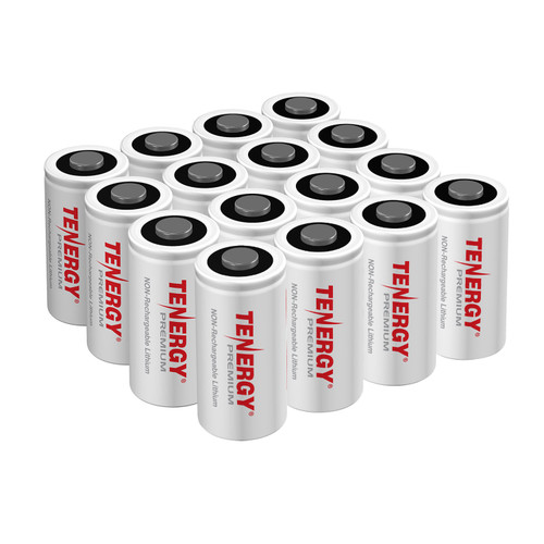Bulk 16-pack of Tenergy CR123A lithium batteries for high-drain devices and frequent users.