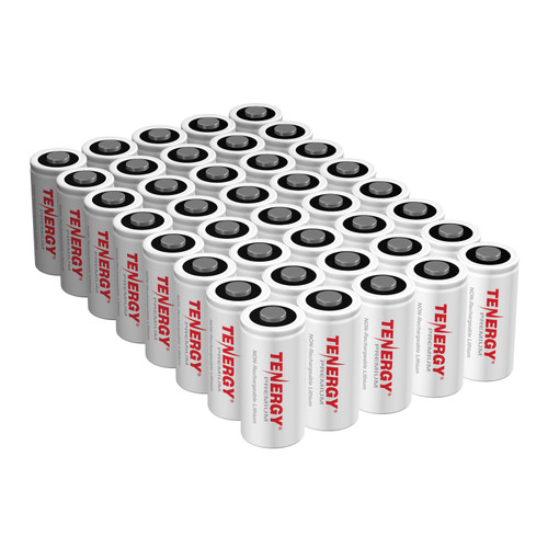 40-pack of Tenergy Premium CR123A 3V lithium batteries for high-drain electronic applications.