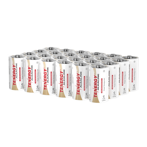 24 Tenergy C alkaline batteries in a bulk pack provide reliable power for high-drain electronic devices.