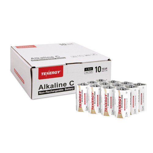144 Tenergy C alkaline batteries in a bulk pack provide reliable power for high-drain electronic devices.