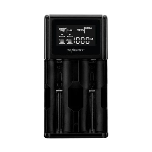 Two-slot Tenergy TN471U intelligent charger with an empty bay design ready to accommodate multiple lithium ion battery types.