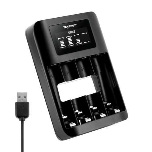 Tenergy TN474U 4-bay USB charger with a digital display and Micro USB input for flexible charging from any standard port.