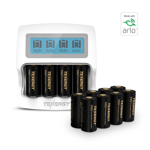 Tenergy charger with LCD display and four RCR123A batteries for Arlo camera users.
