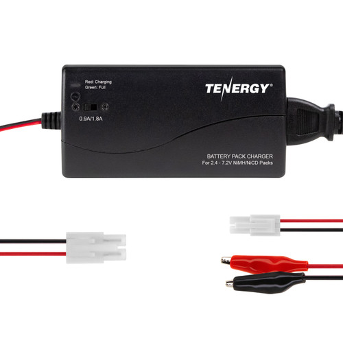 Tenergy battery pack charger with alligator clips and Tamiya connectors for 2.4V - 7.2V NiMH hobby battery packs.