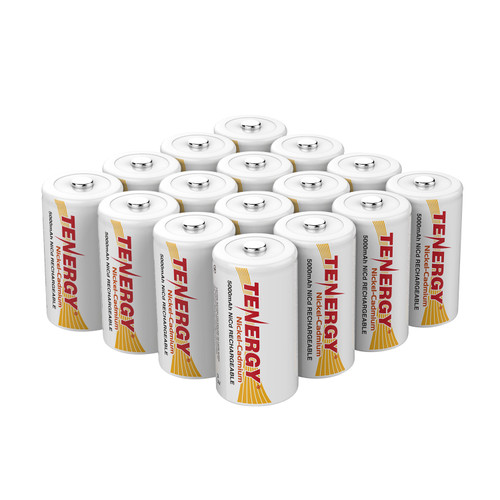 A bulk pack of D size rechargeable batteries providing 5000mAh capacity for high-drain electronic devices.