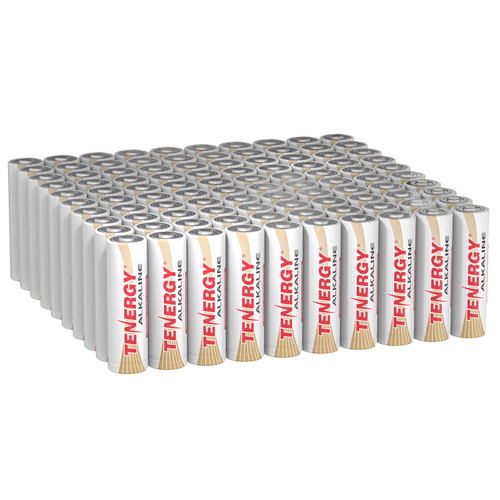 Bulk pack of 100 Tenergy alkaline AA batteries designed for long-lasting power in high-drain household items.