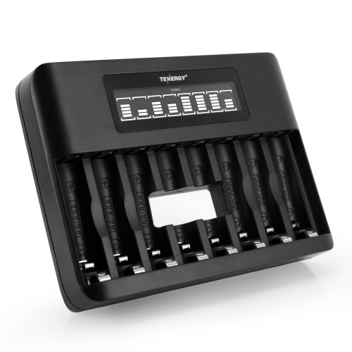 Tenergy TN480U 8-slot battery charger with clear LCD screen facilitates organized recharging for high-drain devices.