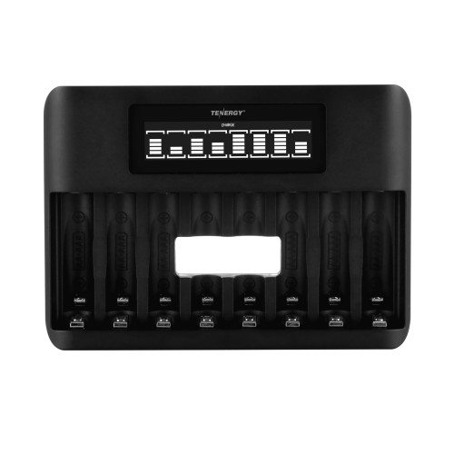 Tenergy TN480U 8-slot battery charger with clear LCD screen facilitates organized recharging for high-drain devices.