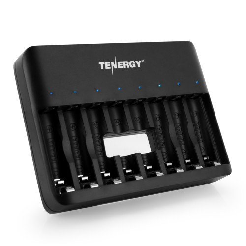 Compact Tenergy 8-bay charger accommodates mixed AA and AAA batteries for high-drain device users.