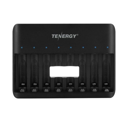 Compact Tenergy 8-bay charger accommodates mixed AA and AAA batteries for high-drain device users.