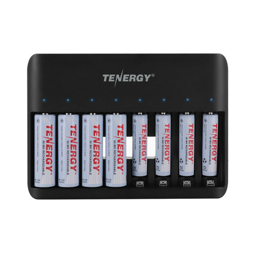 Tenergy 8-slot NiMH battery charger with AA and AAA rechargeable batteries for high-drain electronics users.