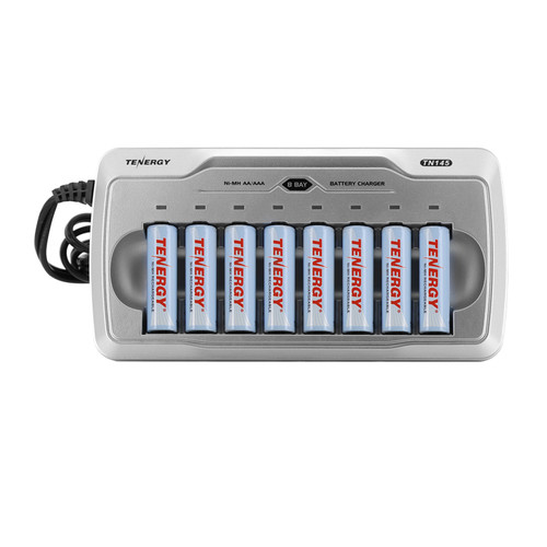 Tenergy TN145 8-Bay AA/AAA NiMH/NiCd Charger with 8 AA NiMH Rechargeable Batteries.