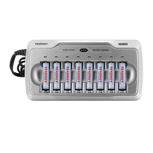 Tenergy TN145 charging station with 8 blue AA batteries providing reliable power for everyday use.
