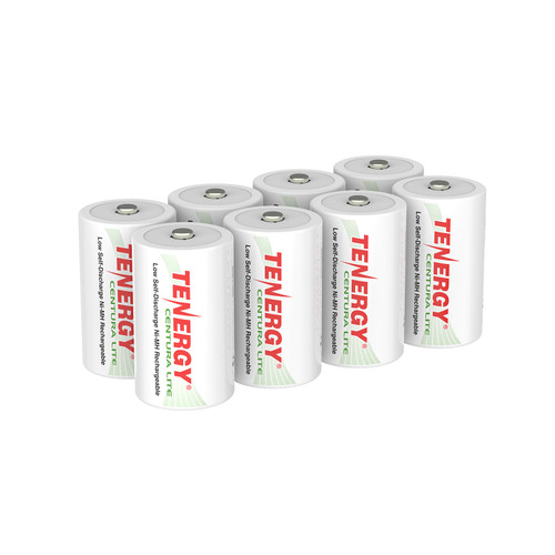 8 Tenergy Centura Lite D rechargeable battery with low self-discharge for flashlights and LED lanterns.