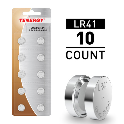 Tenergy LR41 alkaline cell batteries in a 10-count pack provide reliable power for small electronic devices.
