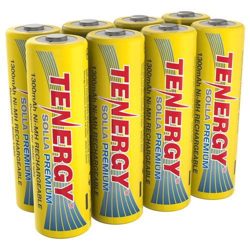 Tenergy Solla Premium AA rechargeable batteries featuring a high 1300mAh capacity for powering multiple outdoor solar garden lights.