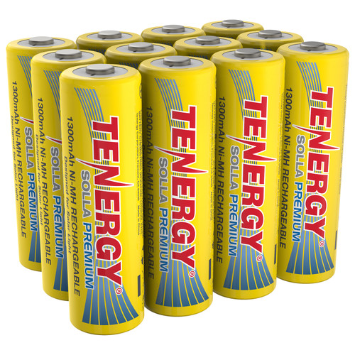 Tenergy Solla Premium AA rechargeable batteries featuring a high 1300mAh capacity for powering multiple outdoor solar garden lights.