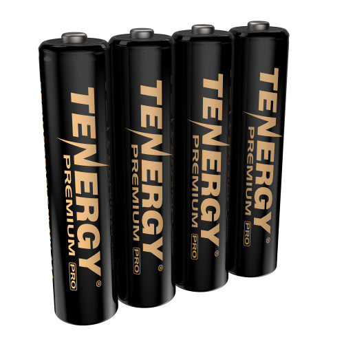 4 Tenergy Premium Pro rechargeable AAA batteries provide high capacity power for high-drain household electronics.