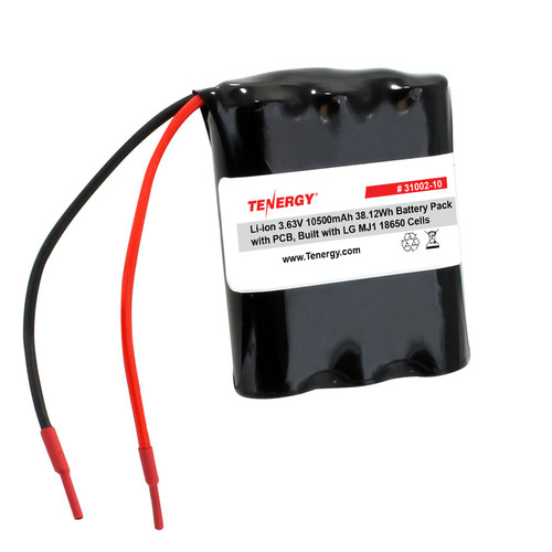 Tenergy Li-ion 3.63V 10,500mAh Battery Pack with PCB, 1S3P, 38.12Wh. Custom NTC, PTC, connectors, or configs available.