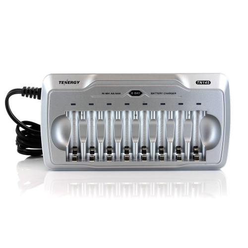 Tenergy TN145 8-bay rechargeable battery station offers a sleek design for charging multiple AA/AAA batteries.