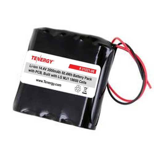 Tenergy Li-ion 14.4V 3500mAh Battery Pack with PCB, 4S1P, 50.4Wh. Custom NTC, PTC, connectors, or configs available.