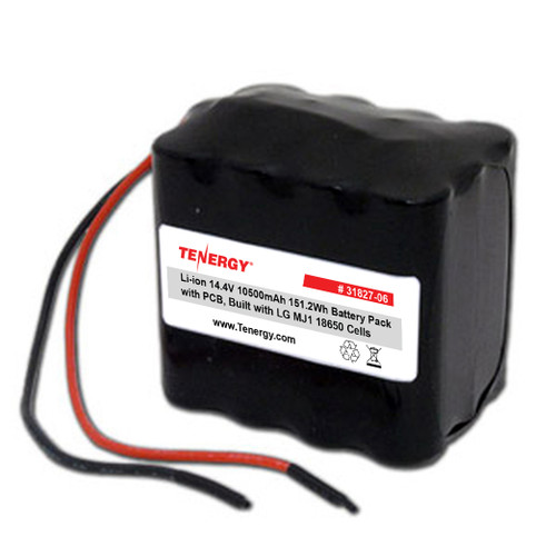 Tenergy Li-ion 14.4V 10,500mAh Battery Pack with PCB, 4S3P, 151.2Wh. Custom NTC, PTC, connectors, or configs available.