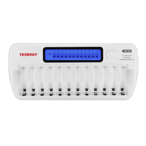 12-bay Tenergy TN160 AA/AAA battery charger provides twelve individual slots for organized recharging of assorted NiMH or NiCD cells.