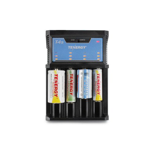 Four-slot smart charger holding various button top batteries displays independent charging status via LED indicators.