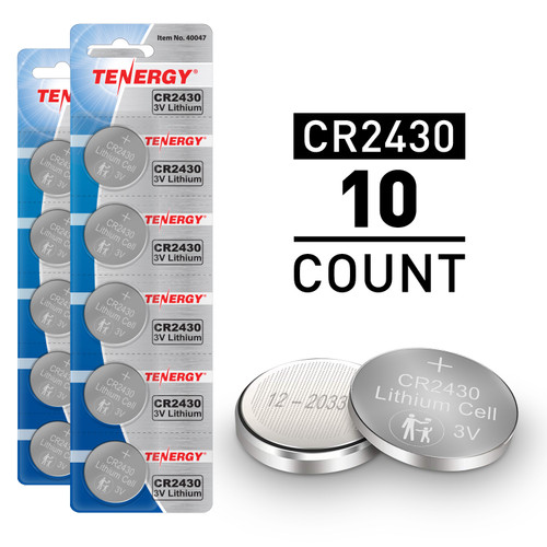 Tenergy CR2430 3V lithium coin cell batteries in a 10-count blister pack for small electronic devices.