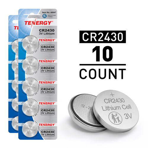Tenergy CR2430 3V lithium coin cell batteries in a 5-count blister pack for small electronic devices.