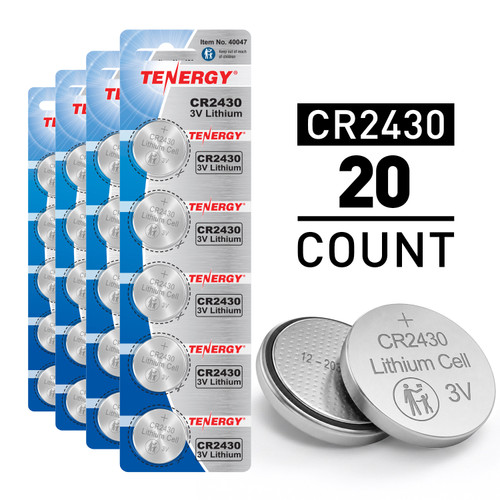 Tenergy CR2430 3V lithium coin cell batteries in a 20-count blister pack for small electronic devices.