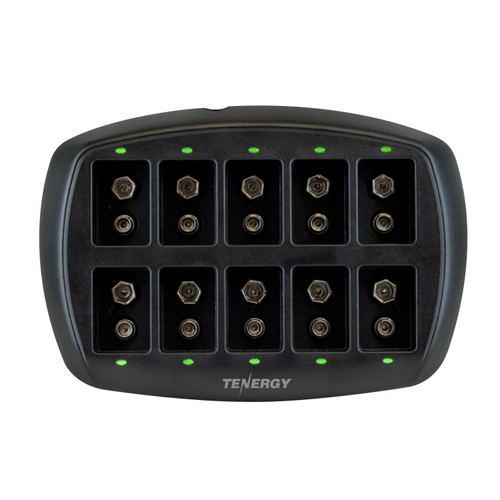 Tenergy TN295 10-bay 9V battery charger featuring a sleek black finish for high-volume rechargeable power management.