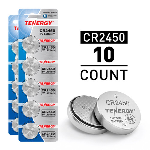 Tenergy CR2450 3V lithium coin cell batteries in a 10-count pack for various household electronics.