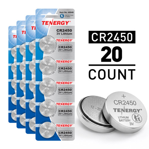 Tenergy CR2450 3V lithium coin cell batteries in a 20-count pack for various household electronics.