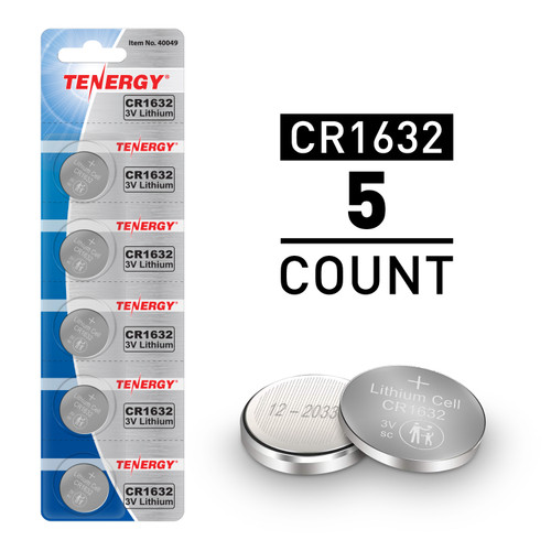 Tenergy CR1632 batteries in a 5-count blister pack for long-lasting power in small electronics.