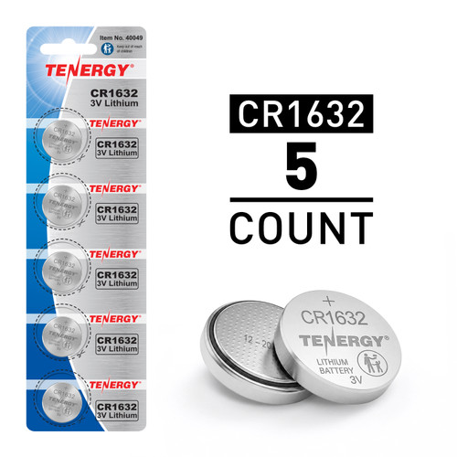 Tenergy CR1632 batteries in a 5-count blister pack for long-lasting power in small electronics.