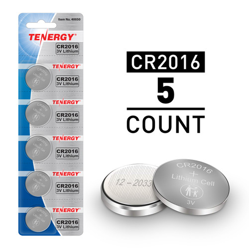 Tenergy CR2016 batteries in a 5-count blister pack for long-lasting power in small electronics.