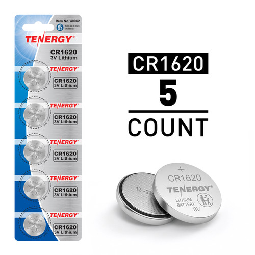 Tenergy CR1620 3V lithium coin cell batteries in a 5-count pack for small electronic devices.