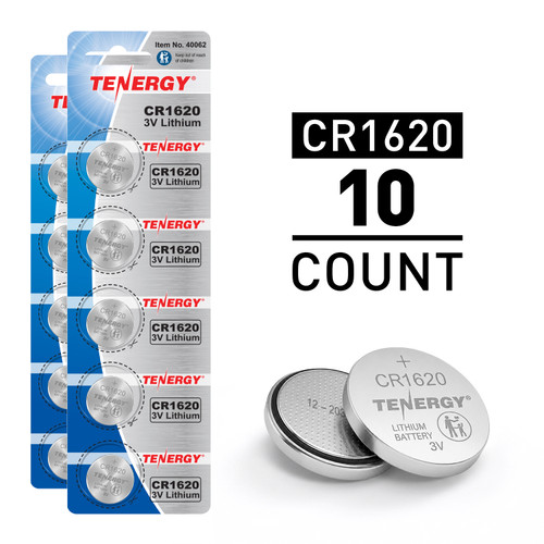 Tenergy CR1620 3V lithium coin cell batteries in a 10-count pack for small electronic devices.