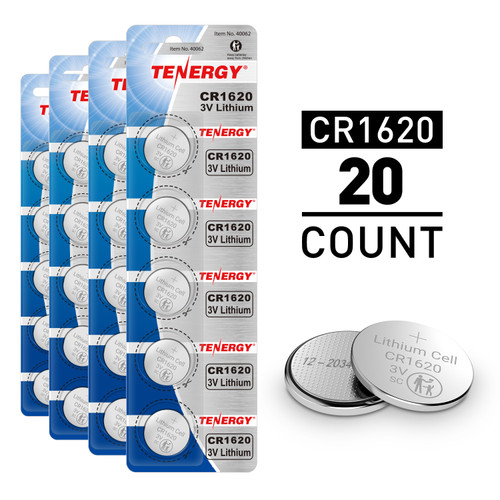 Tenergy CR1620 3V lithium coin cell batteries in a 20-count pack for small electronic devices.