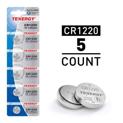 Tenergy CR1220 5-count pack of 3V lithium coin cells provides reliable energy for small household devices.