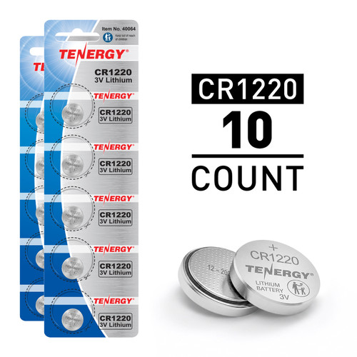 Tenergy CR1220 10-count pack of 3V lithium coin cells provides reliable energy for small household devices.