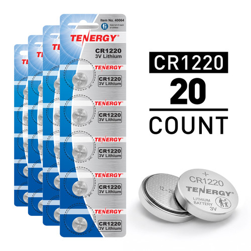 Tenergy CR1220 20-count pack of 3V lithium coin cells provides reliable energy for small household devices.