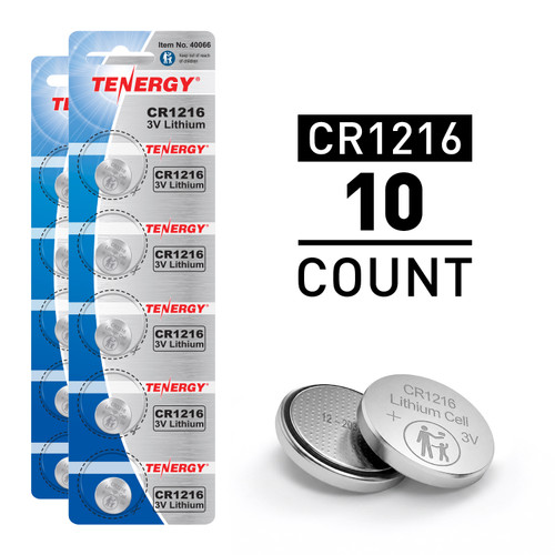 Tenergy CR1216 10-count pack of 3V lithium coin cells for small electronic devices.
