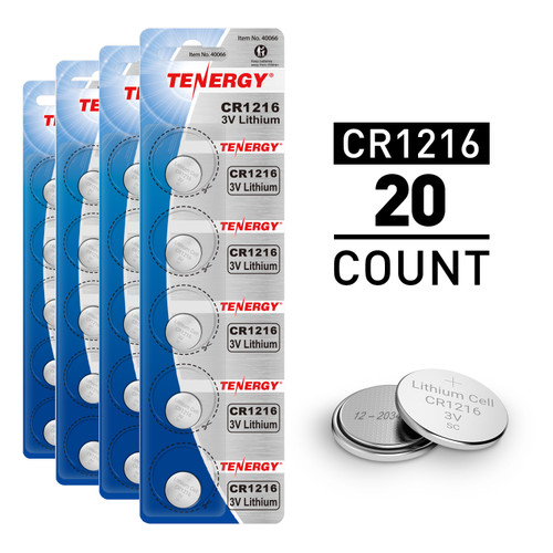 Tenergy CR1216 20-count pack of 3V lithium coin cells for small electronic devices.