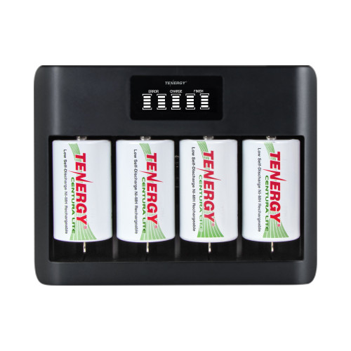 Tenergy battery charger and five pack of Centura Lite D batteries featuring five LCD status bars to monitor charging progress for various sizes.