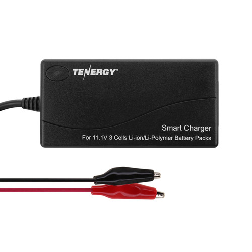 Tenergy 11.1V 3-cell Li-Polymer charger with red and black clips serves as a reliable lithium battery maintainer.